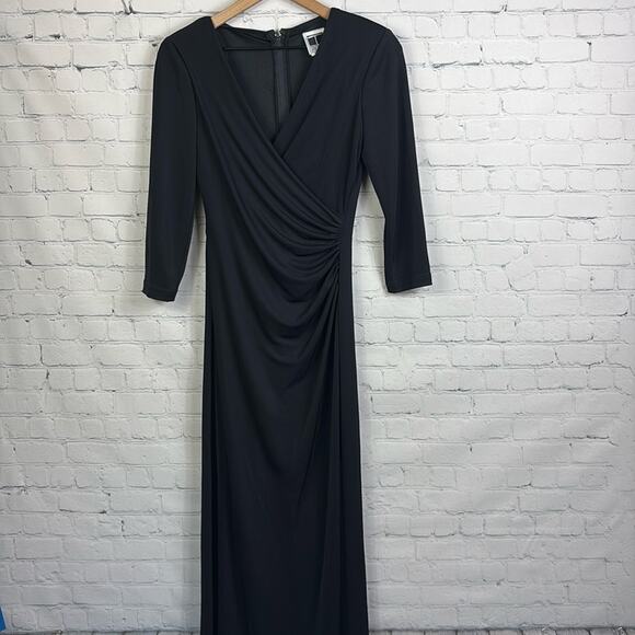 TADASHI Shoji Vintage Black Slinky Crossover Bodice Black Maxi Gown size medium - Picture 1 of 5